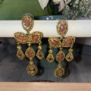 COPY - Chandelier earrings w push backs. Purply taupe beads gold plate with cry…